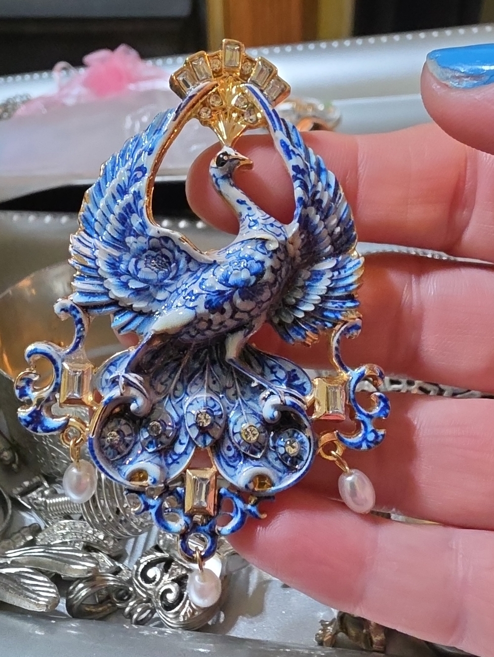 A11- Blue and White Peacock Statement Brooch with Pearls